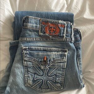 Women's Boot Cut Jeans in Distressed Blue with Embroidered Pocket